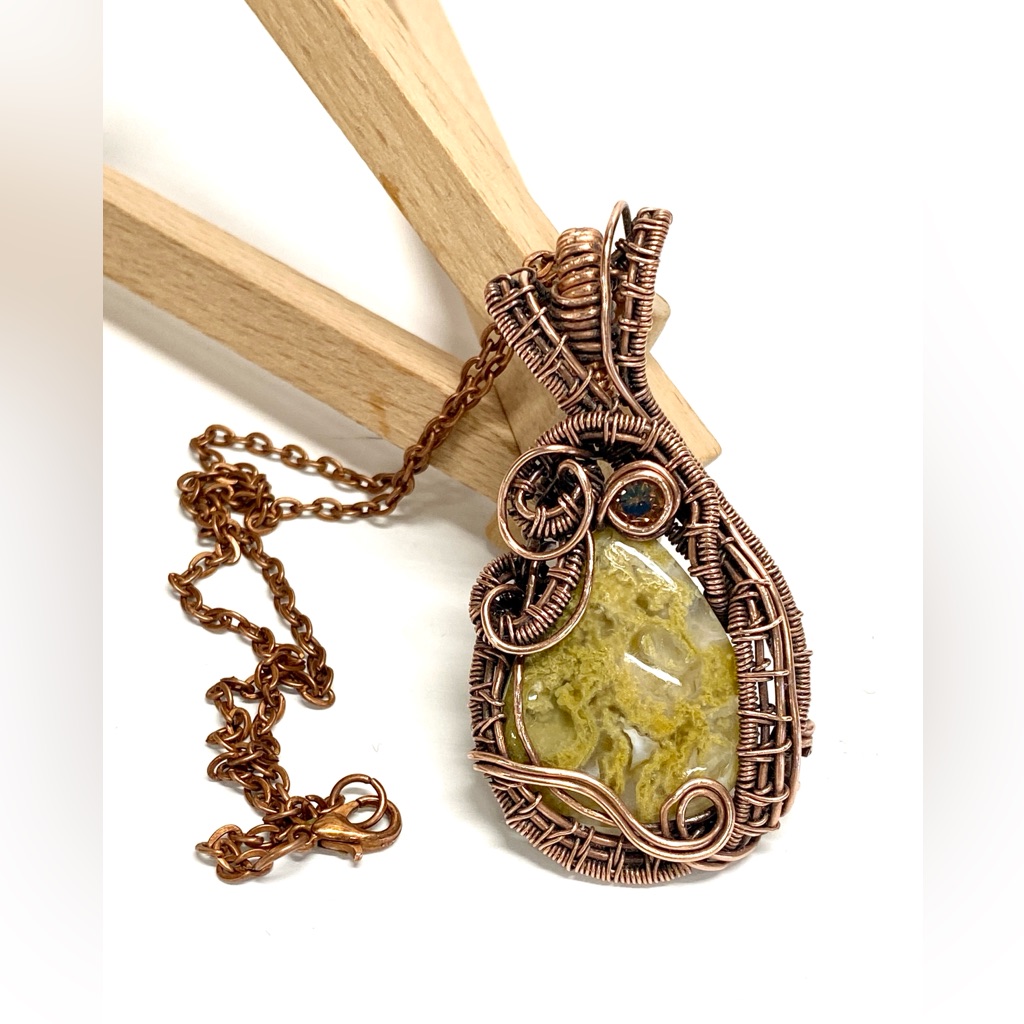 Handmade Yellow Moss Agate Cubic Zirconia Hand Wrapped Copper Statement Necklace